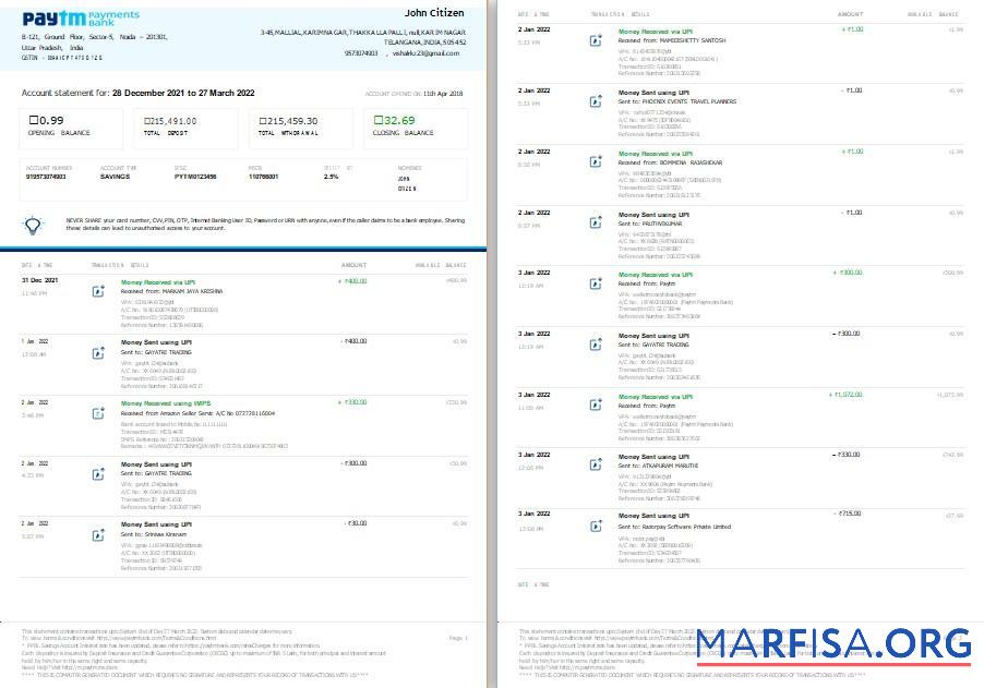 Downloadable India Paytm Payments bank statement word 2 pages example